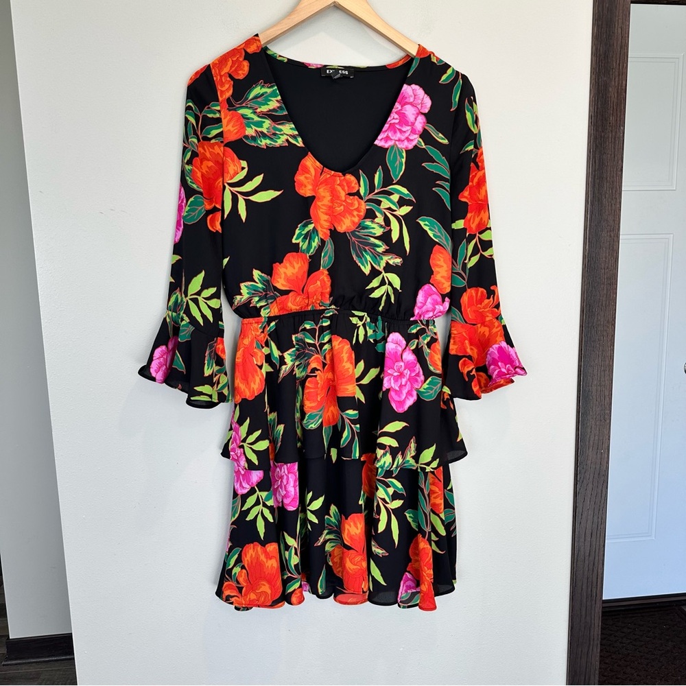 Express Quarter Bell Sleeves Black Orange Pink Floral Tropical Ruffle Mini Dress